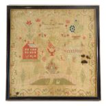 A Victorian pictorial sampler by Mary Ann Ridell, dated 1847, 40cm x 39cm.