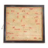 A Victorian alphabetic and motto sampler by Emma Birks, undated, 28cm x 30cm.