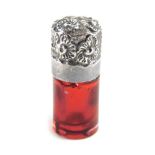 A Victorian silver and cranberry glass miniature scent bottle, probably Birmingham 1895, lacking sto
