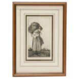 Wheatley. Lady carrying laundry, artist signed etching, 24cm x 14cm.