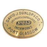 A David J Dunlop Port Glasgow Inch Works Engineers and Ship Builders brass name plaque, numbered 252