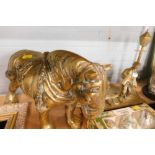 Various brassware, heavy horse, figure group aside lamp post. (2)