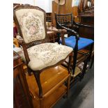 Various furniture, spindle back chair, Continental chair embroidered with figures and flowers to the