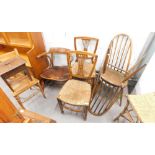 Various chairs, railway style office chair, Sheraton style elm rush seated chair, another similar, E