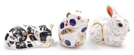Three Royal Crown Derby porcelain paperweights, comprising Misty, red printed marks and silver stopp