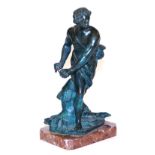 An Italian patinated bronze figure of a Roman hunter, raised on a marble base, bearing label for Gi.