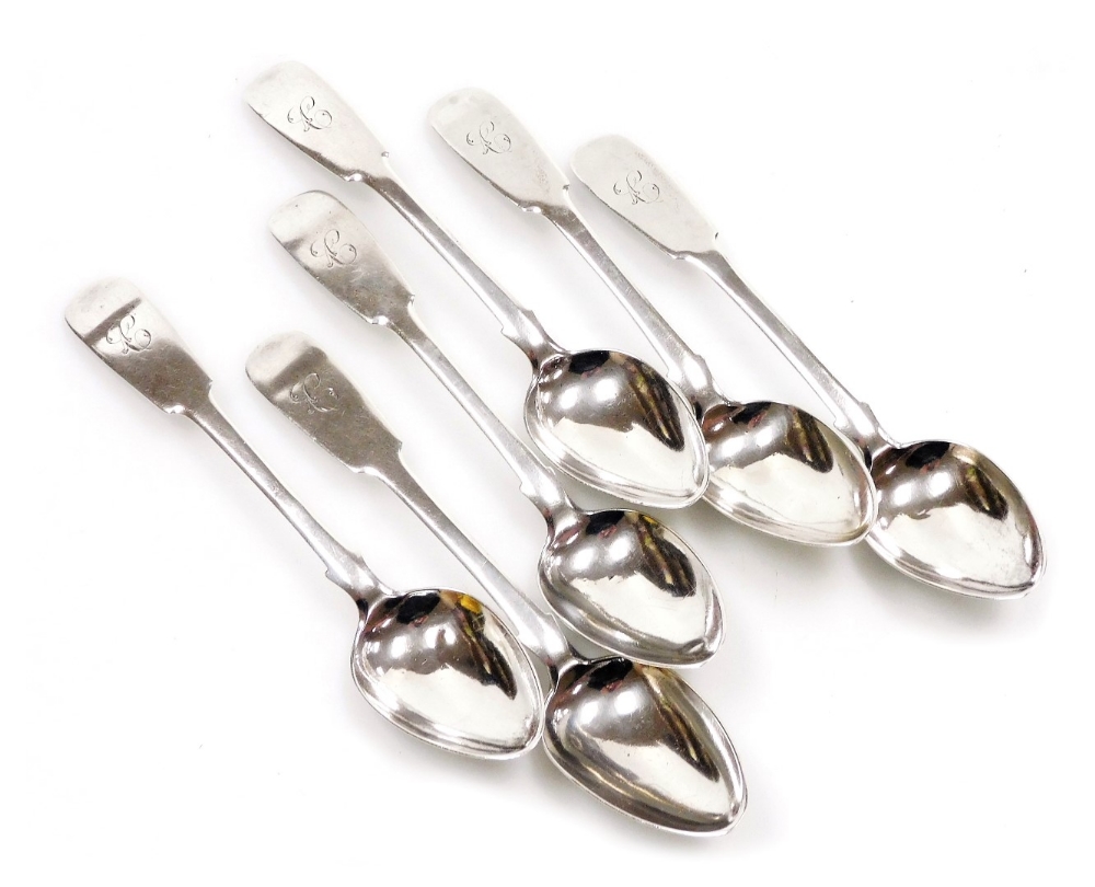 A set of six George III silver Fiddle pattern teaspoons, initial engraved, Thomas Watson, Newcastle,