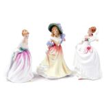 Three Royal Doulton figures, comprising Dawn, HN3600, Alison, HN3264, and Katie, HN3360.