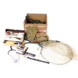 An Okuma Coronado CD 30 fishing reel, further reel, lures, nets and fishing apparel. (a quantity)