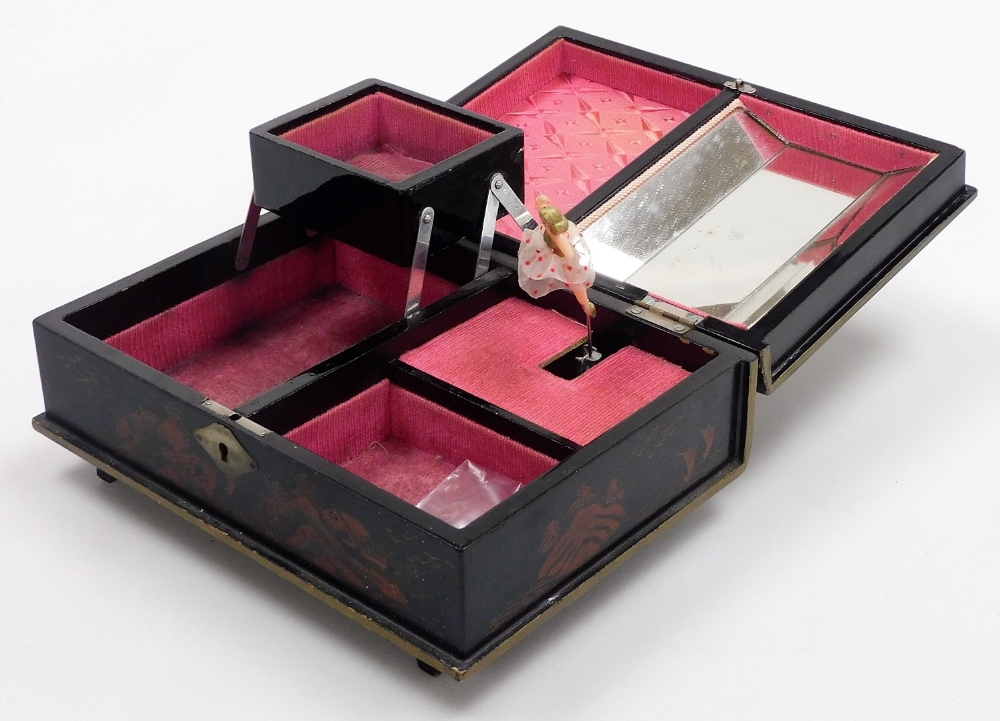 A 20thC Japanese lacquer and mother of pearl inlaid musical jewellery box, 24cm wide, together with - Image 4 of 4