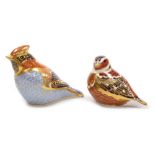 Two Royal Crown Derby porcelain bird paperweights, comprising Waxwing, second, red printed marks and