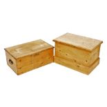 A small pine blanket box, with hinged lid and plinth, 66cm wide, and a 19thC pine box, with hinged l