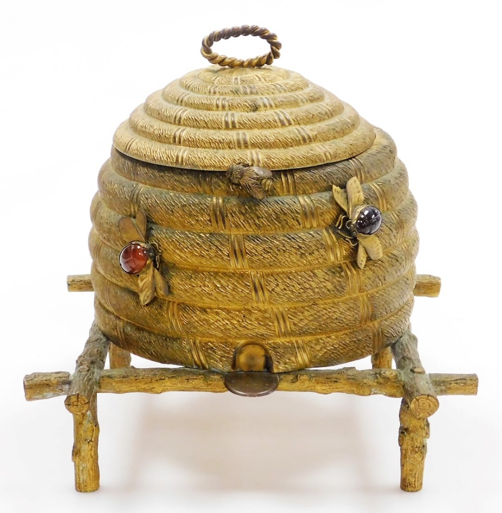 A 19thC gilt metal sewing box in the form of bee skep, with a hinged lid and twisted top handle, the - Image 2 of 5