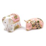Two Royal Crown Derby porcelain paperweights, comprising Baby Indian Elephant, red printed marks and