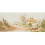 Hector McKinley. Country landscape with cattle and a homestead, watercolour, signed, 25cm x 55.5cm.