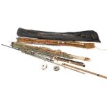 A group of fishing tackle, to include an Edgar Sealey float rod, a Leeda rim fly feel, a K Dowling a