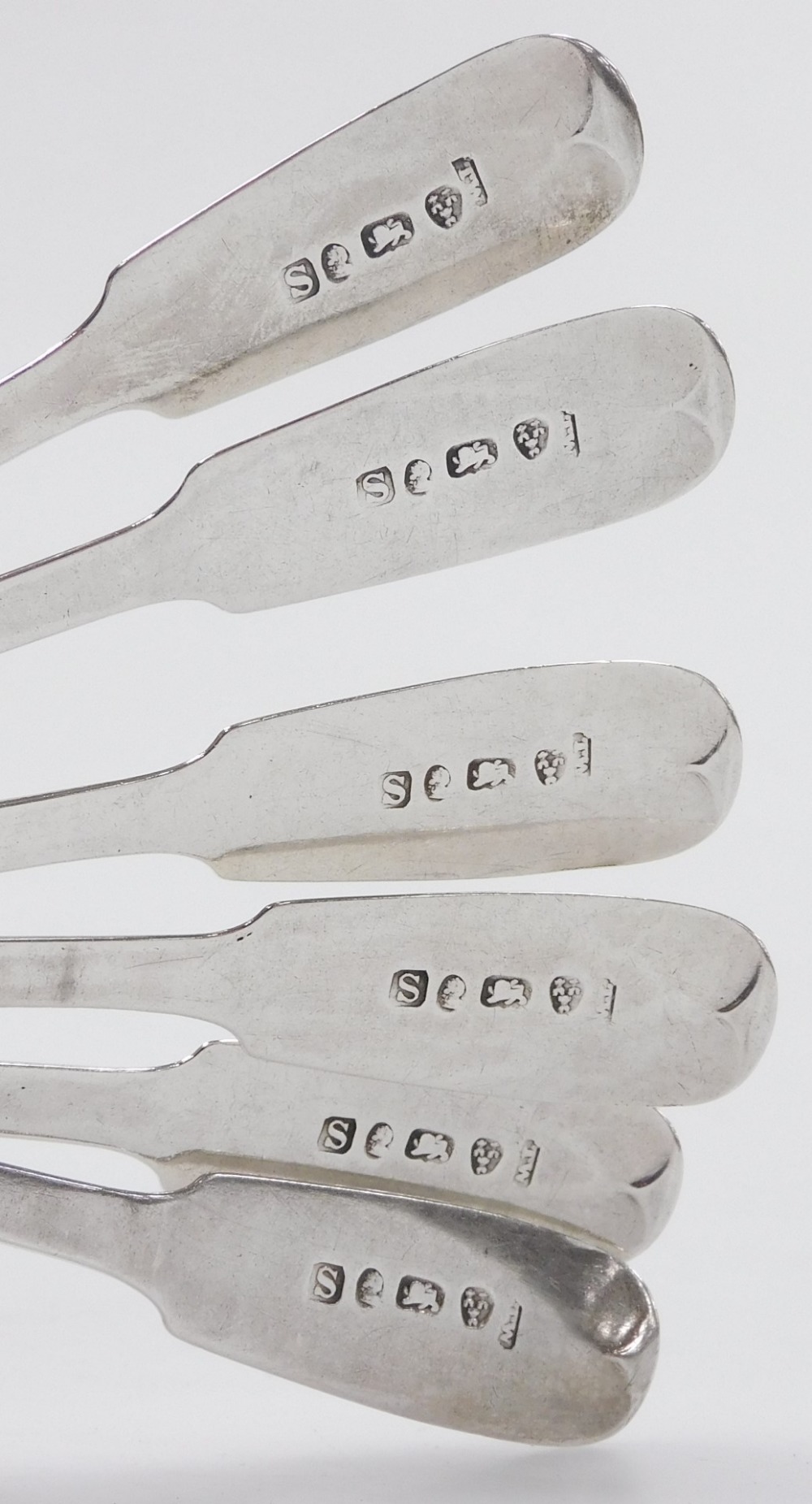 A set of six George III silver Fiddle pattern teaspoons, initial engraved, Thomas Watson, Newcastle, - Image 2 of 2