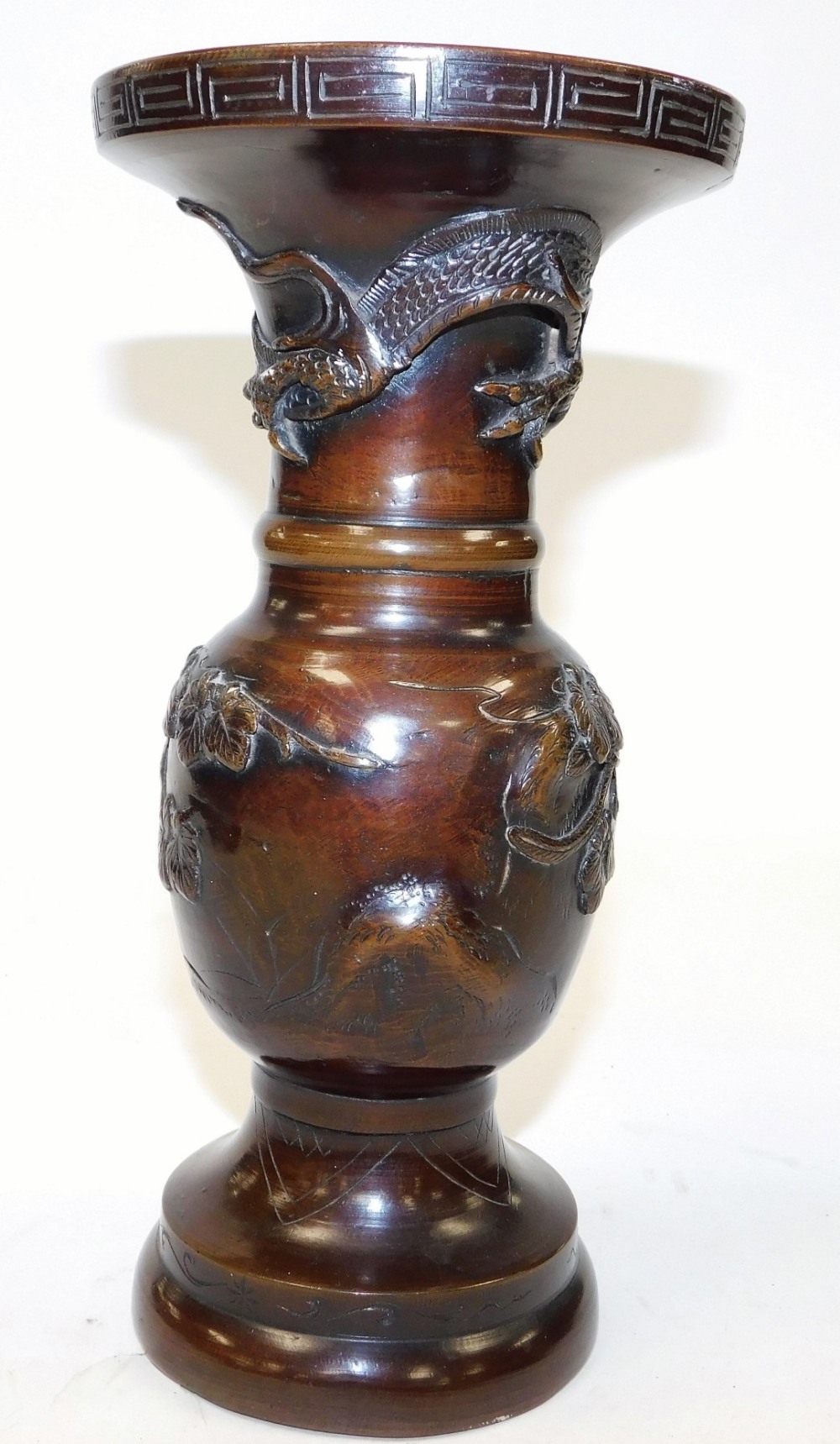 A pair of Japanese Meiji period bronze vases, cast with dragons, phoenixes and trees, 25cm high. (AF - Image 3 of 7