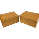 A pair of light oak boxes, originally for fishing flies, the hinged lid opening to reveal a double t