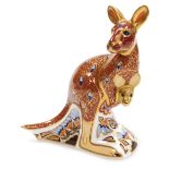 A Royal Crown Derby porcelain Kangaroo paperweight, red printed marks and gold stopper, 15cm high.