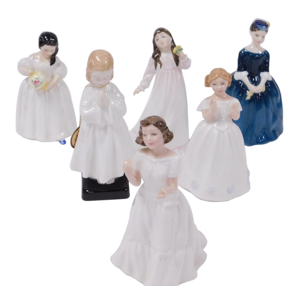 Six Royal Doulton figures, comprising Mandy, second, HN2476, Cherie, HN2341, Welcome, HN3764, Flower