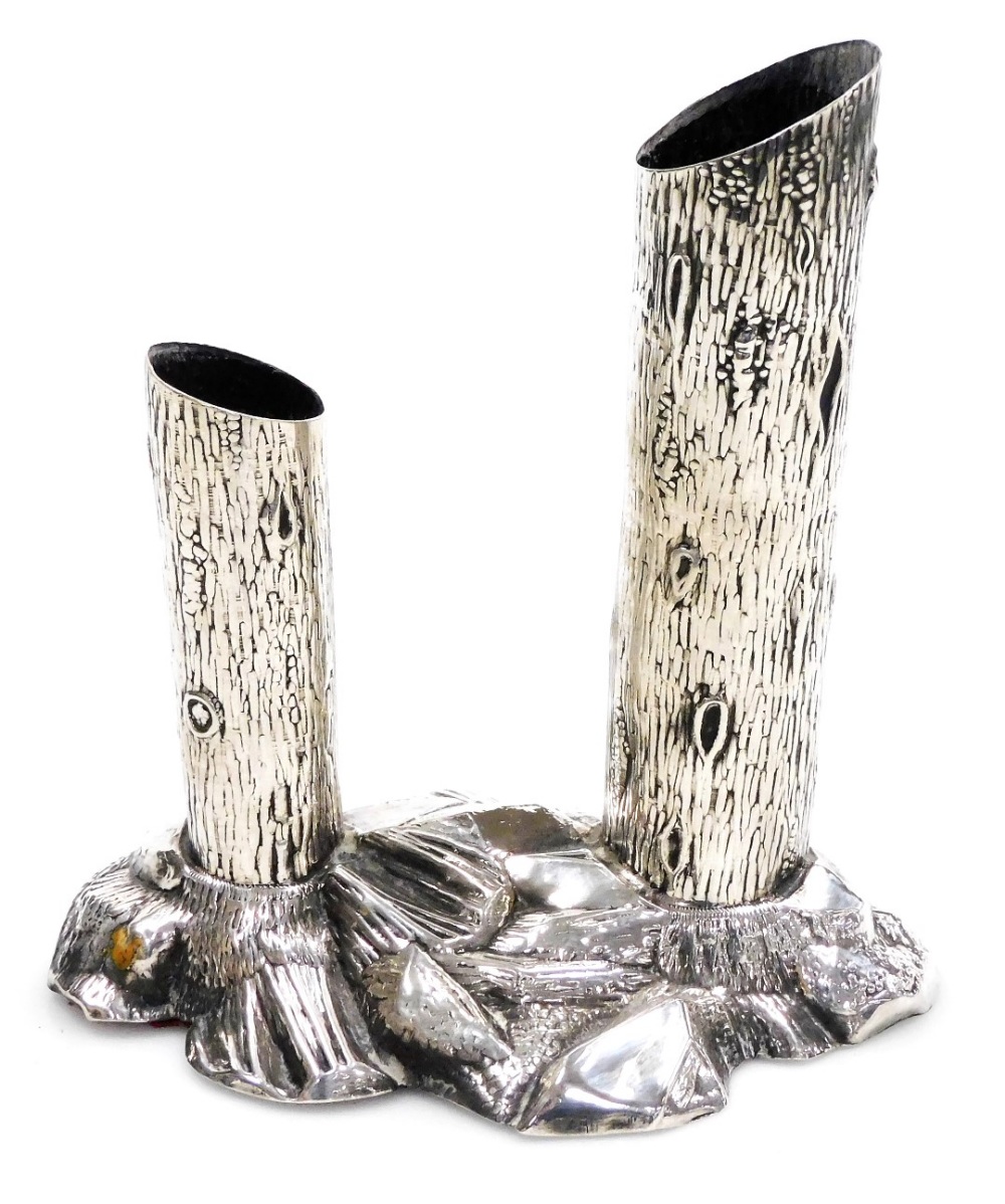 An Edward VII silver dual posy holder, modelled in the form of two tree trunks on a rocky base, Geor