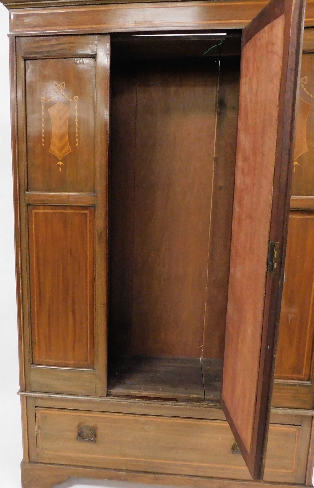 An Edwardian mahogany and inlaid double wardrobe, the outswept pediment over a single door, inset be - Image 2 of 2