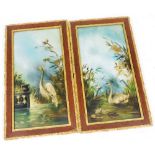 20thC School. Pair of reverse paintings on glass depicting a swan and a heron, unsigned, 60cm x 31cm