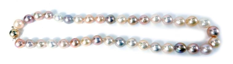 A single strand of freshwater cultured pearls, with ranging lustre colours, from white peach, pale p