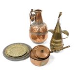 A group of copper and brass ware, including three graduated copper saucepans with lids, Turkish bras