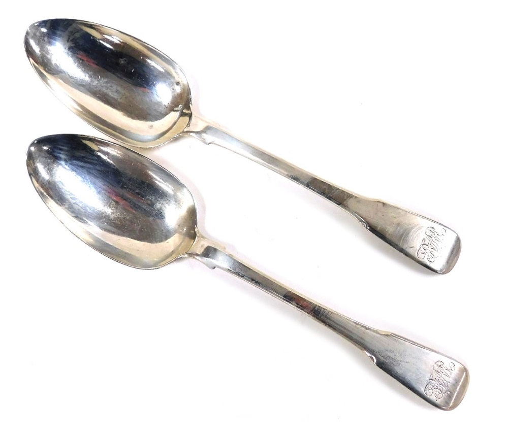 A pair of George III silver Fiddle pattern serving spoons, initial engraved, Richard Turner, London