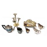 A group of silver plated wares, to include a three piece tea set of part fluted form, gravy boats, e