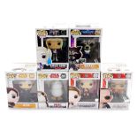 A group of six Pop! plastic figures, comprising Harley Quinn, Rocket from Guardians of the Galaxy Vo