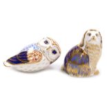 Two Royal Crown Derby porcelain paperweights, comprising Owl, 12cm wide, and Spaniel, 10cm high, bot
