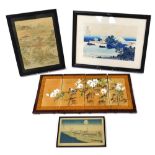 Three Japanese wood block prints, contained within black frames, together with a Japanese wooden and