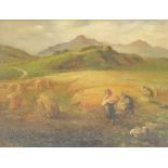 Late 19thC School. Gleaners before mountainous landscape, oil on board, unsigned, 30cm x 39.5cm.