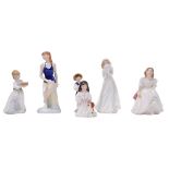 Six Royal Doulton figures, comprising Christmas Carols, HN3727, Taking the Waters, HN4602, Lynsey, H