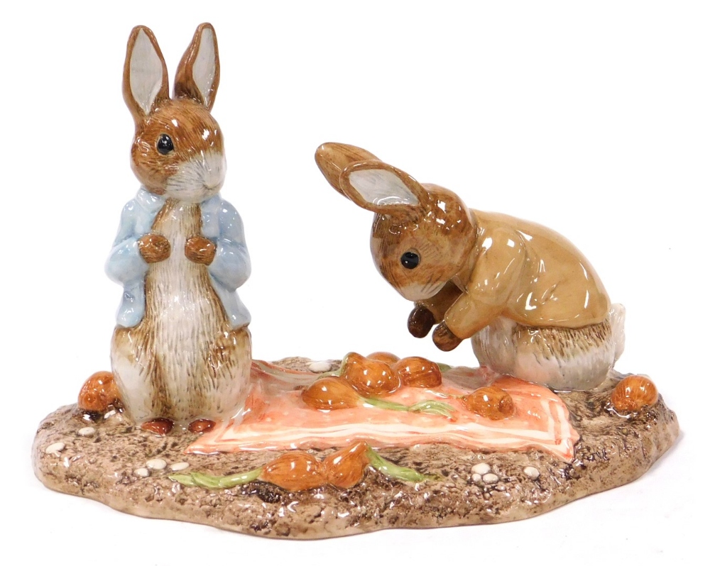 A Beswick pottery Beatrix Potter figure group, modelled as Peter and Benjamin Picking up Onions, lim