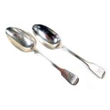 A pair of George IV silver Fiddle pattern serving spoons, initial engraved, James Payne, London 1825