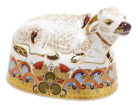 A Royal Crown Derby porcelain Water Buffalo paperweight, red printed marks and gold stopper, 12.5cm