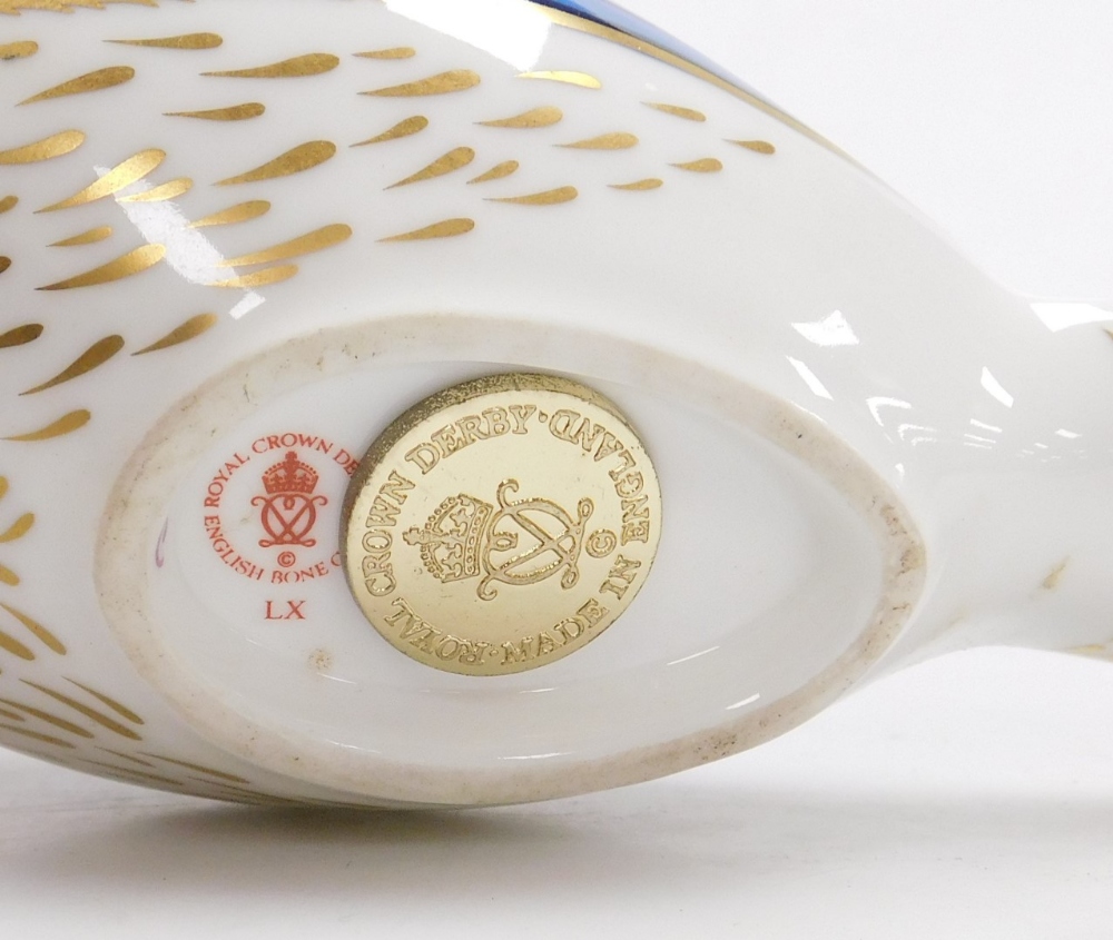 A Royal Crown Derby porcelain Blue Jay paperweight, red printed marks and gold stopper, 16cm wide. - Image 3 of 3