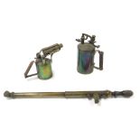 A vintage Abol No 5 brass rose sprayer, together with a Burmos paraffin blow torch and a further blo