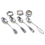 A group of small silver, to include three napkin rings, a Victorian silver Fiddle pattern teaspoon,