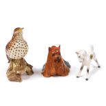 A Beswick pottery figure of a Song thrush, a Dappled Grey Foal, and a Yorkshire Terrier. (3)