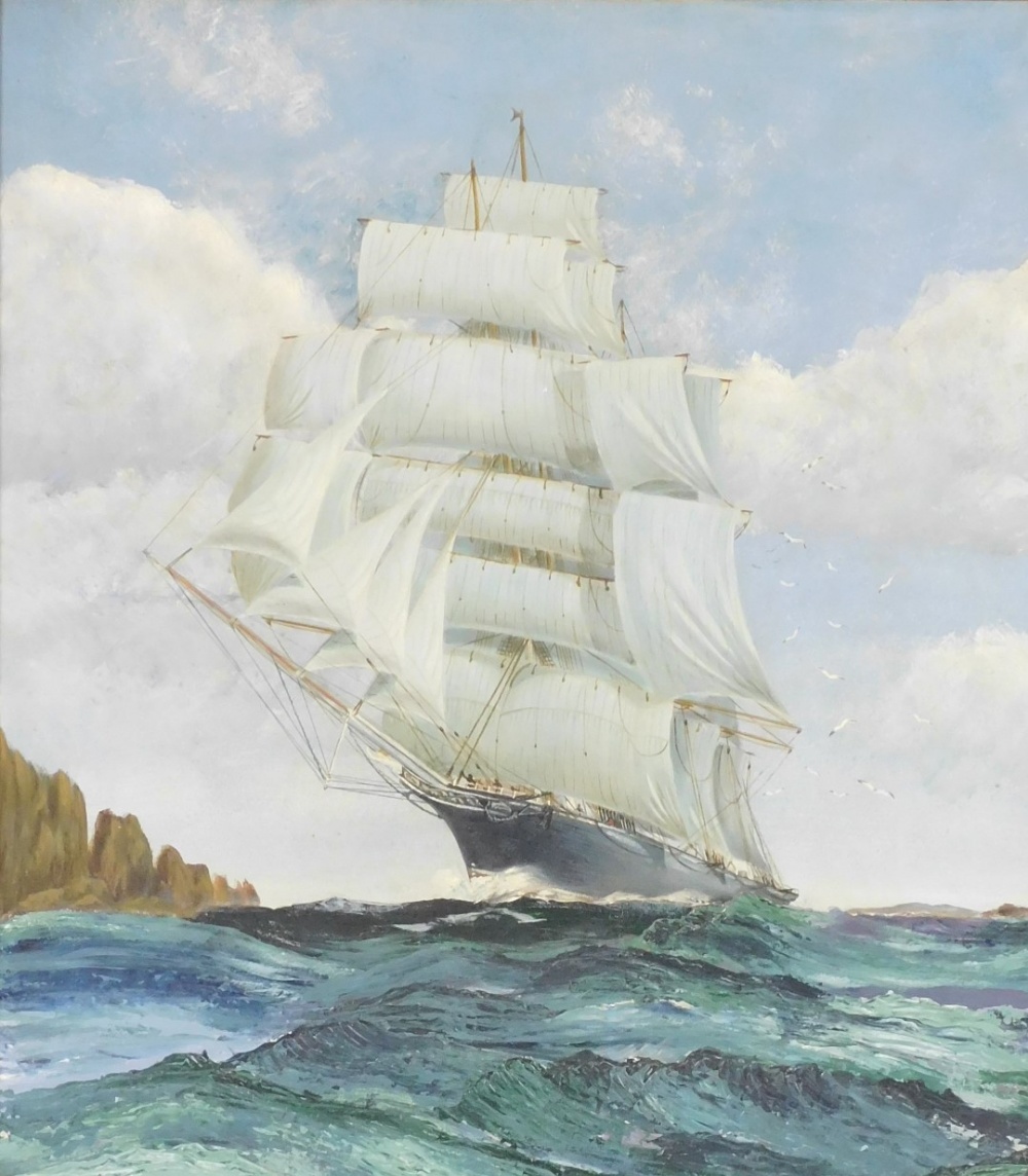 E H Eveleigh (British, 20thC). The Cutty Sark on Choppy Seas, oil on canvas, signed, 57cm x 50cm.