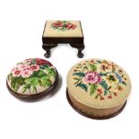 Three Victorian and later wool work upholstered foot stools, comprising a circular woolwork and chev