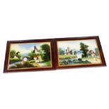20thC School. A pair of reverse paintings on glass depicting village scenes, unsigned, 40cm x 59cm.