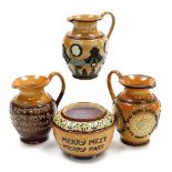 Three late 19thC Doulton Lambeth stoneware jugs, variously decorated, one detailed 'bread at pleasur