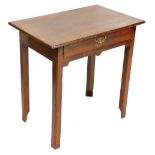 A late 18th/early 19thC oak side table, with a planked top, frieze drawer and shaped apron, the legs