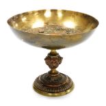 A late 19thC brass and copper tazza, the bowl set centrally with a copper plaque embossed with a cla